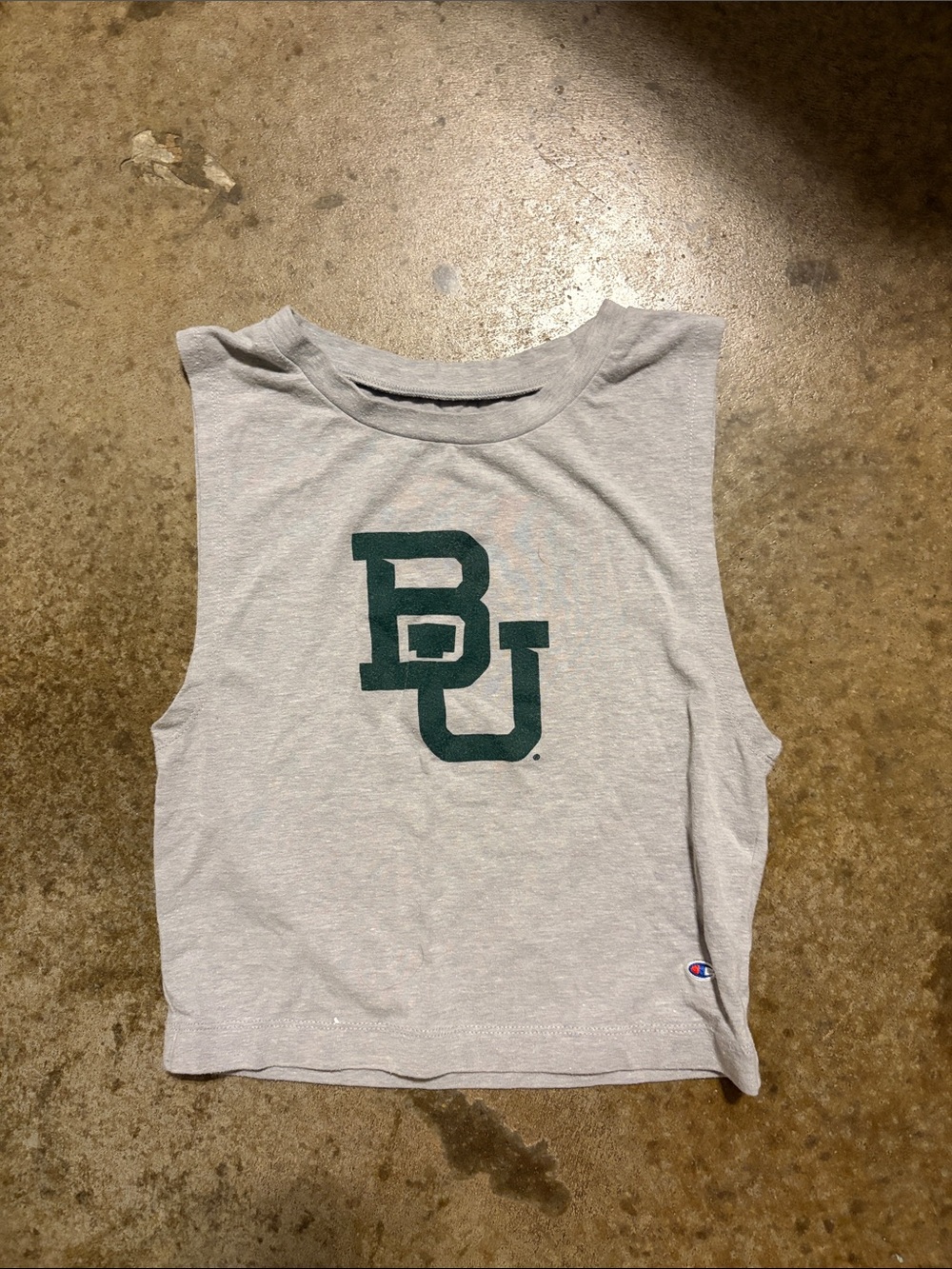 Champion Light Gray Crop Tank with Dark Green BU Logo